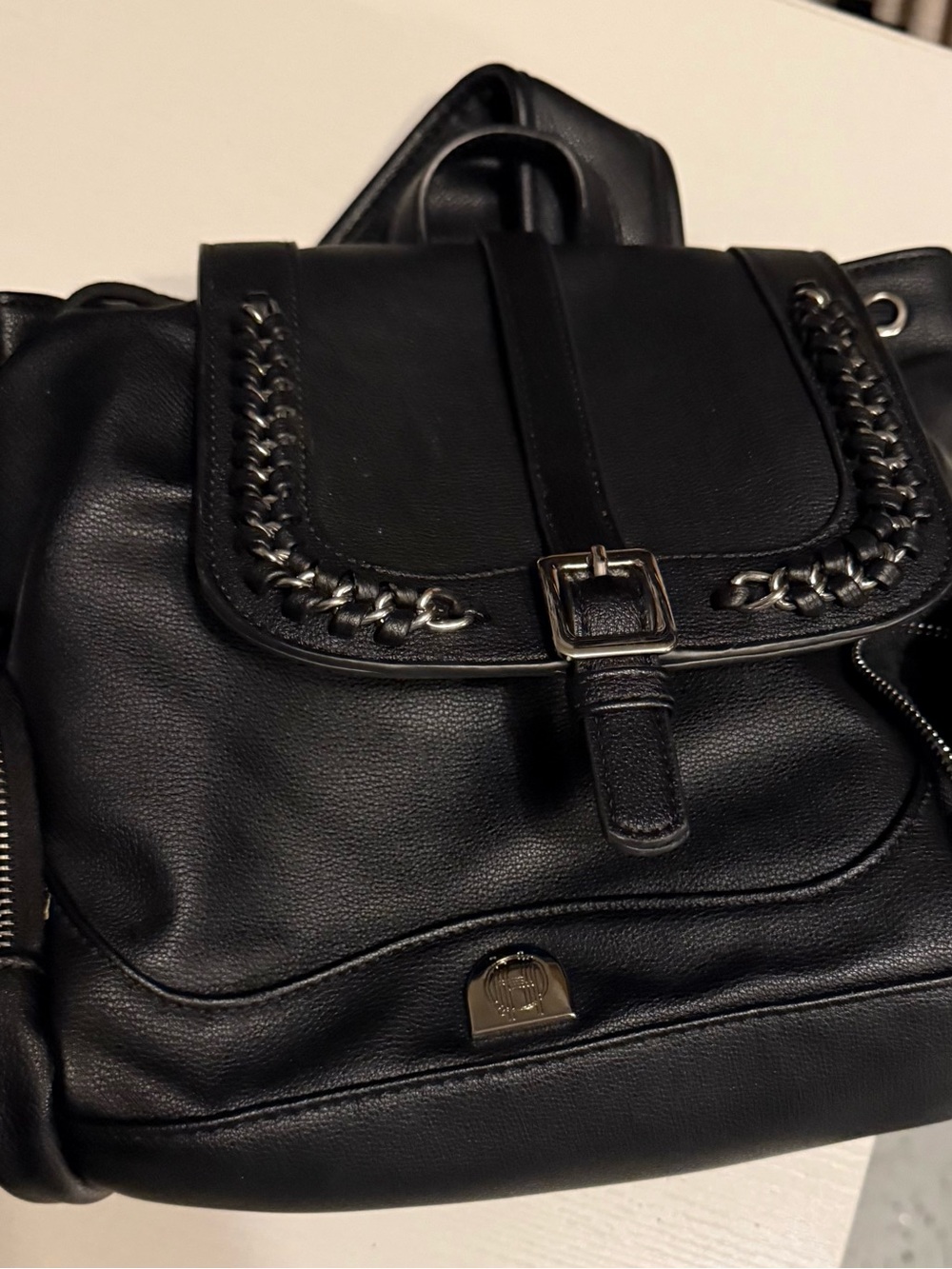 House of Harlow 1960 Tully Black Faux Leather Backpack with Chain Trim